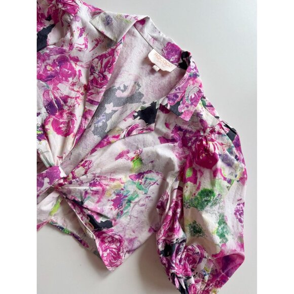 ROCOCO SAND Tessa Pink Floral Cotton Puff Sleeve Wrap Top Shorts Set, Size S - Picture 6 of 16